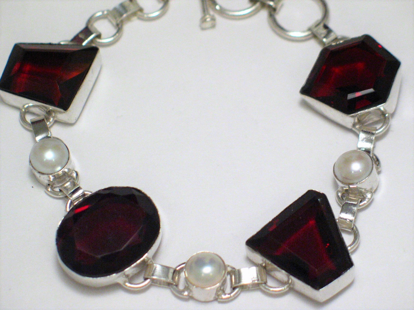 Sterling Silver Bracelet , Toggle Style 8" Big Chunky Red Stone Pearl Tennis Bracelet 