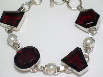 Sterling Silver Bracelet , Toggle Style 8" Big Chunky Red Stone Pearl Tennis Bracelet 