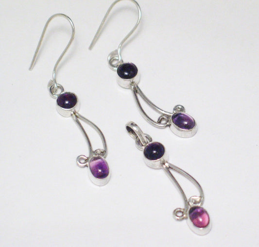 Earrings and Pendant set, Sterling Silver Purple Amethyst Gemstone Matching Jewelry set