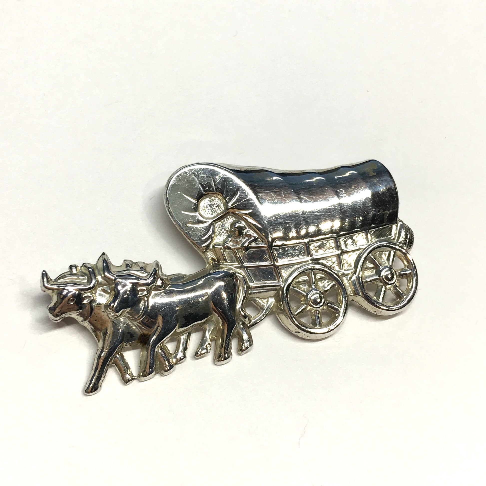 Brooches & Lapel Pins - Sterling Silver Oxen & Covered Wagon Brooch - Western Style Jacket Pin - Vintage Jewelry online