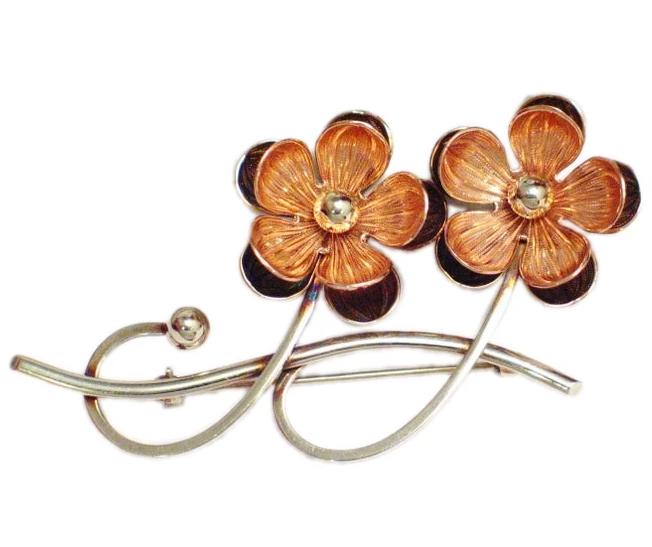 Gold Brooch, Mens Womens Rose & White 10k Gold Flower Brooch Lapel Pin - Vintage Jewelry