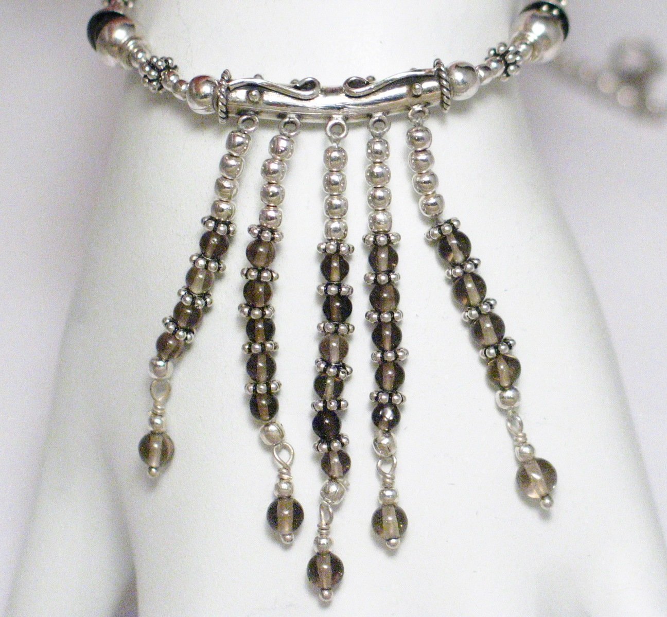 Tassel Necklace, Sterling Silver Adjustable Smoky Quartz Stone Bead Necklace