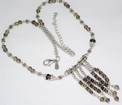 Tassel Necklace, Sterling Silver Adjustable Smoky Quartz Stone Bead Necklace