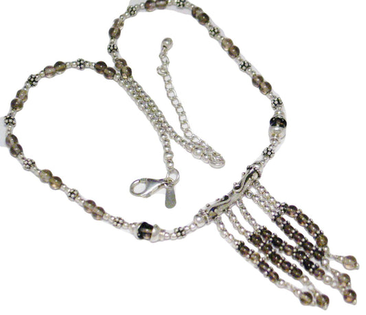Y Necklaces | Adjustable Sterling Silver Smokey Quartz Beaded Y Necklace | Best Priced Estate Jewelry website online at www.Blingschlingers.com