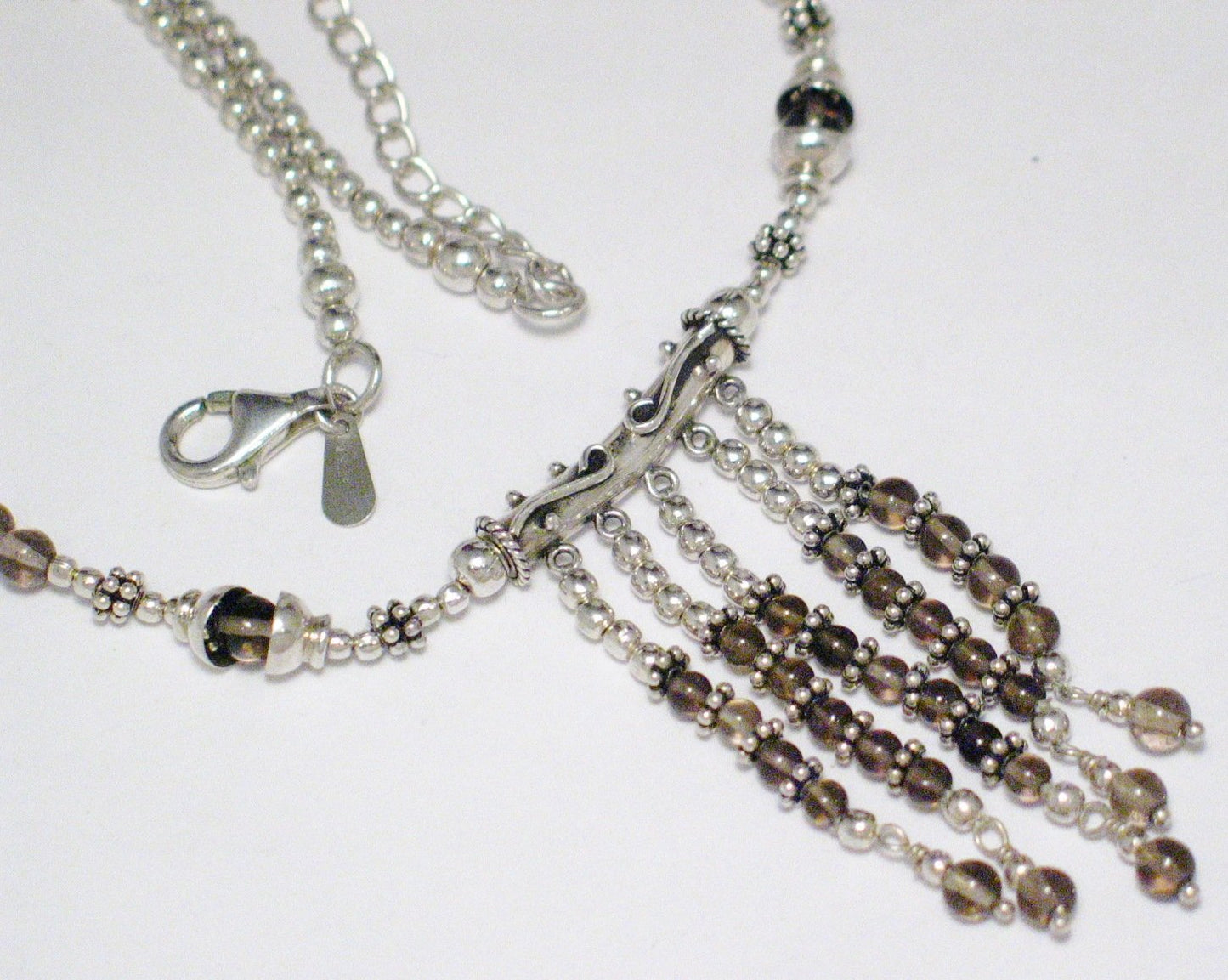 Tassel Necklace, Sterling Silver Adjustable Smoky Quartz Stone Bead Necklace