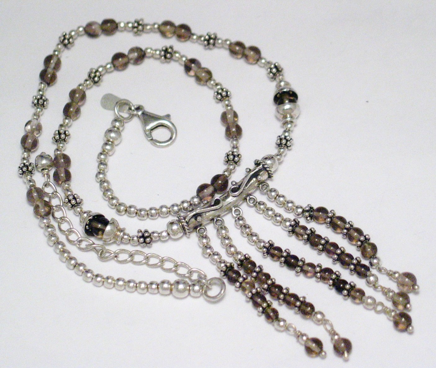 Tassel Necklace, Sterling Silver Adjustable Smoky Quartz Stone Bead Necklace