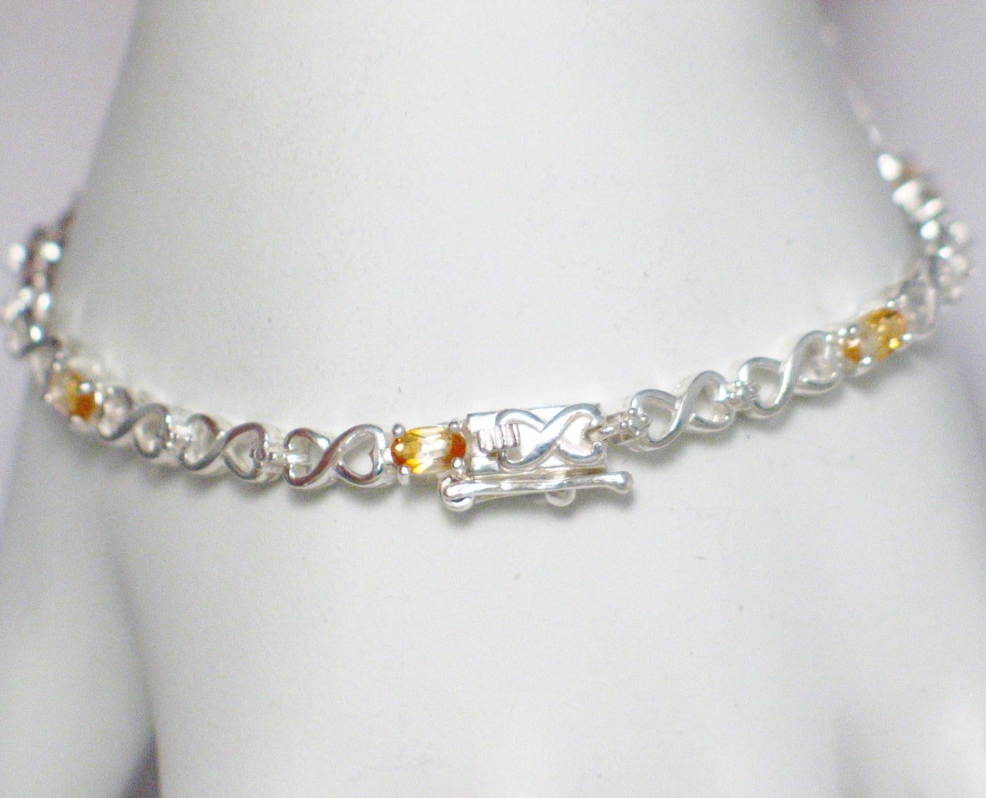 Tennis Bracelet, Sterling Silver 8" Infinity Heart Link Design Citrine Stone Bracelet