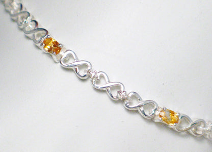 Tennis Bracelet, Sterling Silver 8" Infinity Heart Link Design Citrine Stone Bracelet