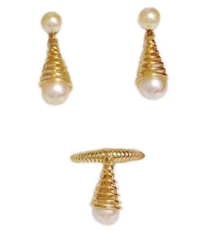 Modernist Style - 14k Gold Earrings + Ring Bundle Matching Spiral Design Pearl Jewelry Set