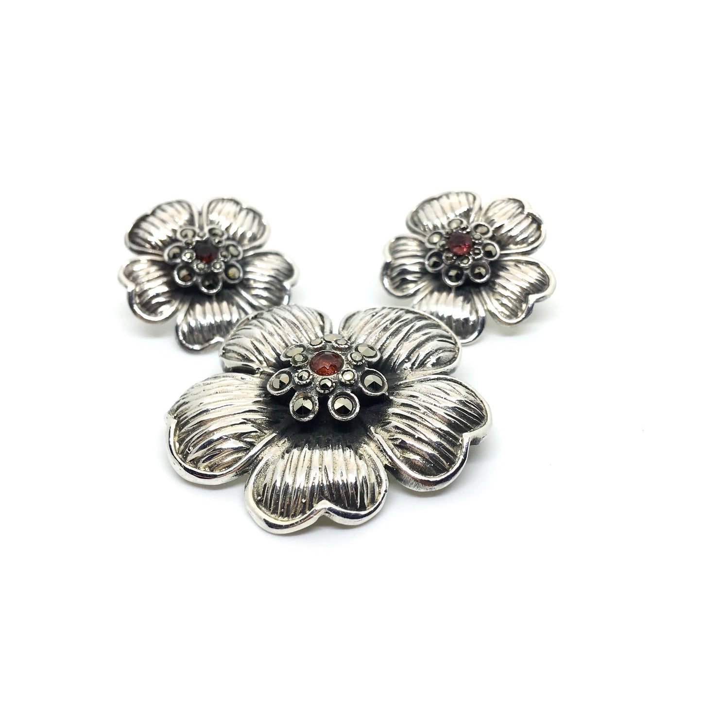 Brooches & Lapel Pins - Sterling Silver Garnet Dogwood Matching Jewelry set - Pre-owned Flower Brooch & Earrings - Marcasite Stone Pin