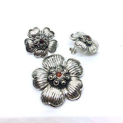 Brooches & Lapel Pins - Sterling Silver Garnet Dogwood Matching Jewelry set - Pre-owned Flower Brooch & Earrings - Marcasite Stone Pin - Blingschlingers 