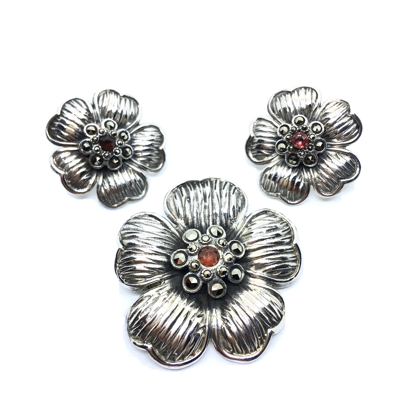 Brooches & Lapel Pins - Sterling Silver Garnet Dogwood Matching Jewelry set - Pre-owned Flower Brooch & Earrings - Marcasite Stone Pin