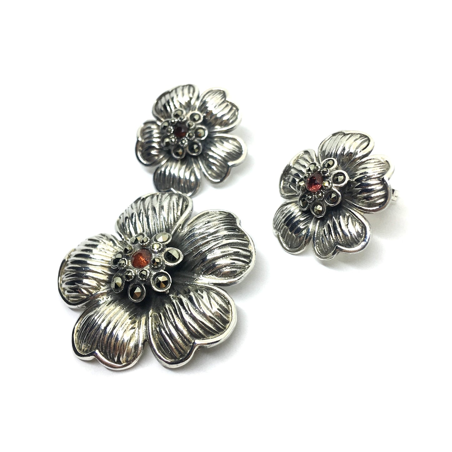 Brooches & Lapel Pins - Sterling Silver Garnet Dogwood Matching Jewelry set - Pre-owned Flower Brooch & Earrings - Marcasite Stone Pin - Blingschlingers Jewelry