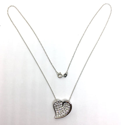 Necklace - Womens Sparkly Sterling Silver Cz Modern Art Heart Pendant Necklace