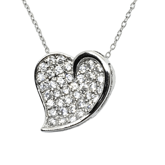 Necklace - Womens Sparkly Sterling Silver Cz Modern Art Heart Pendant Necklace - Blingschlingers