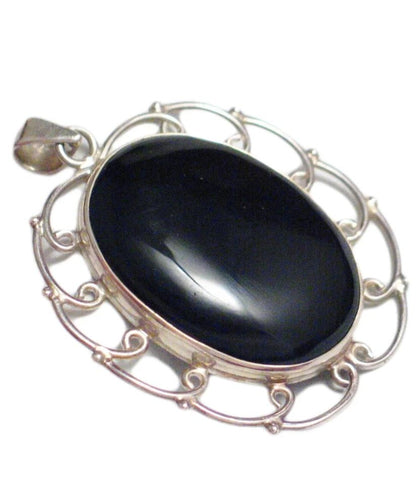 Silver Pendants | Large Bold Oval Sterling Silver Looped Design Black Stone Pendant | Discount Jewelry online
