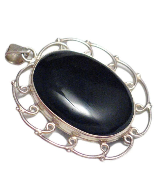 Big Pendant, Unique Oval Design Bold Black Agate Stone Sterling Silver Pendant