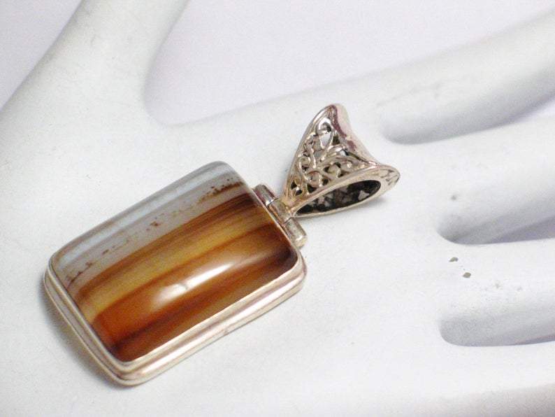 Stone Pendant, Mens Womens Amber Ale Banded Agate Sterling Silver Pendant