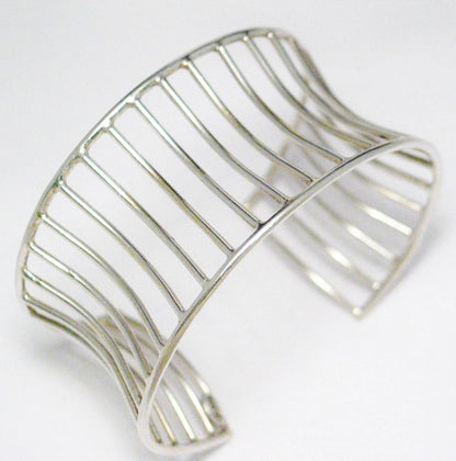 Cuff Bracelet, Sterling Silver Wide Cage Design Flared Cuff Bracelet