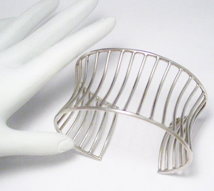 Cuff Bracelet, Sterling Silver Wide Cage Design Flared Cuff Bracelet