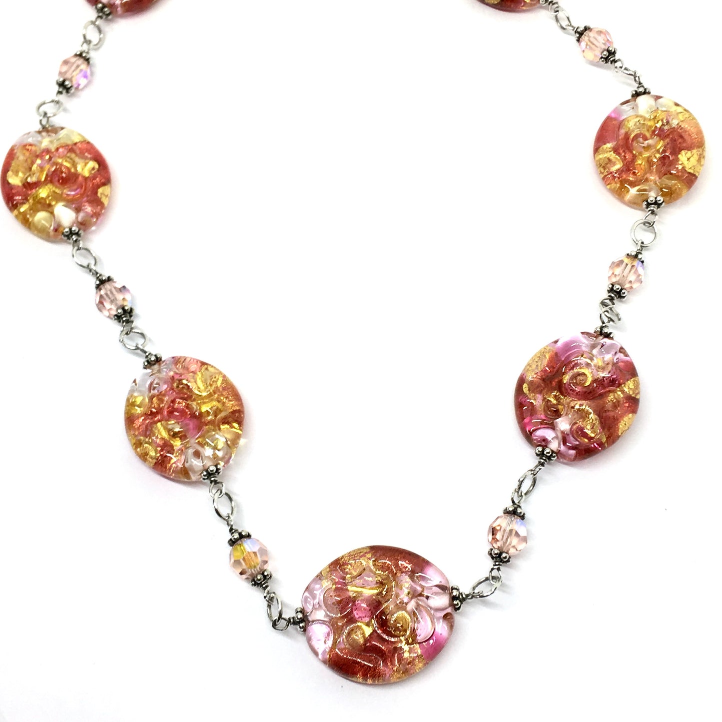 Necklace - Sterling Silver - Golden Sunset Murano Glass Bead Necklace -21 inch Chain Necklace - Layering Satellite Chain