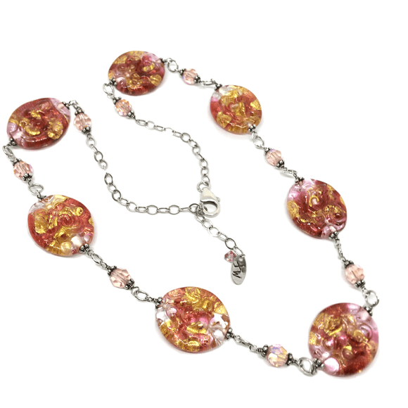 Silver Necklace - Womens Stunning Sterling Silver Golden Sunset Murano Bead Satellite Chain Necklace
