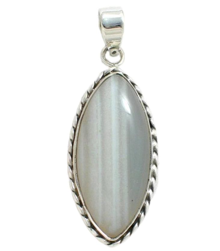 Pendant | Unique Sterling Silver Shades of Gray Banded Agate Stone Pendant | Blingschlingers Jewelry