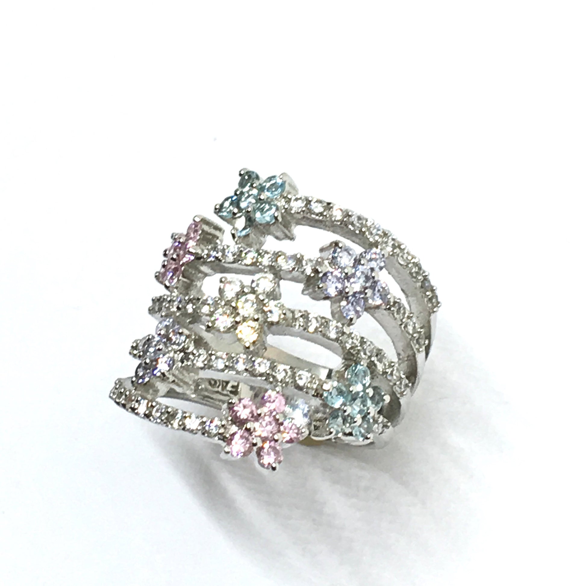 Ring - Fancy Stacking Blue Pink Cz Flower Multi Stone Wide Band Ring - Womens Sterling Silver Ring - Cocktail Ring - Statement Ring