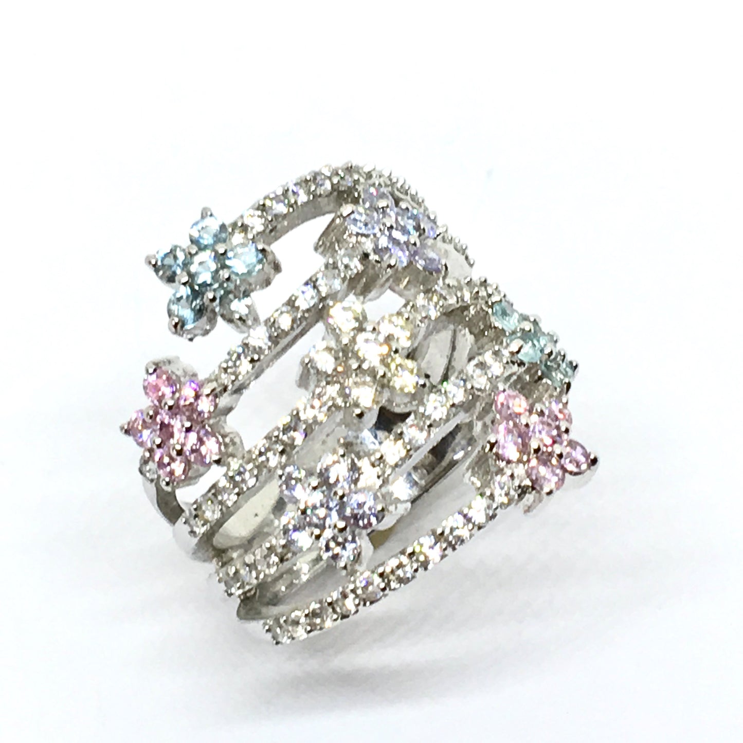 Used Jewelry > Ring - Womens Sterling Silver Stunning Blue Pink Cz Flower Cluster Stacked Style Ring