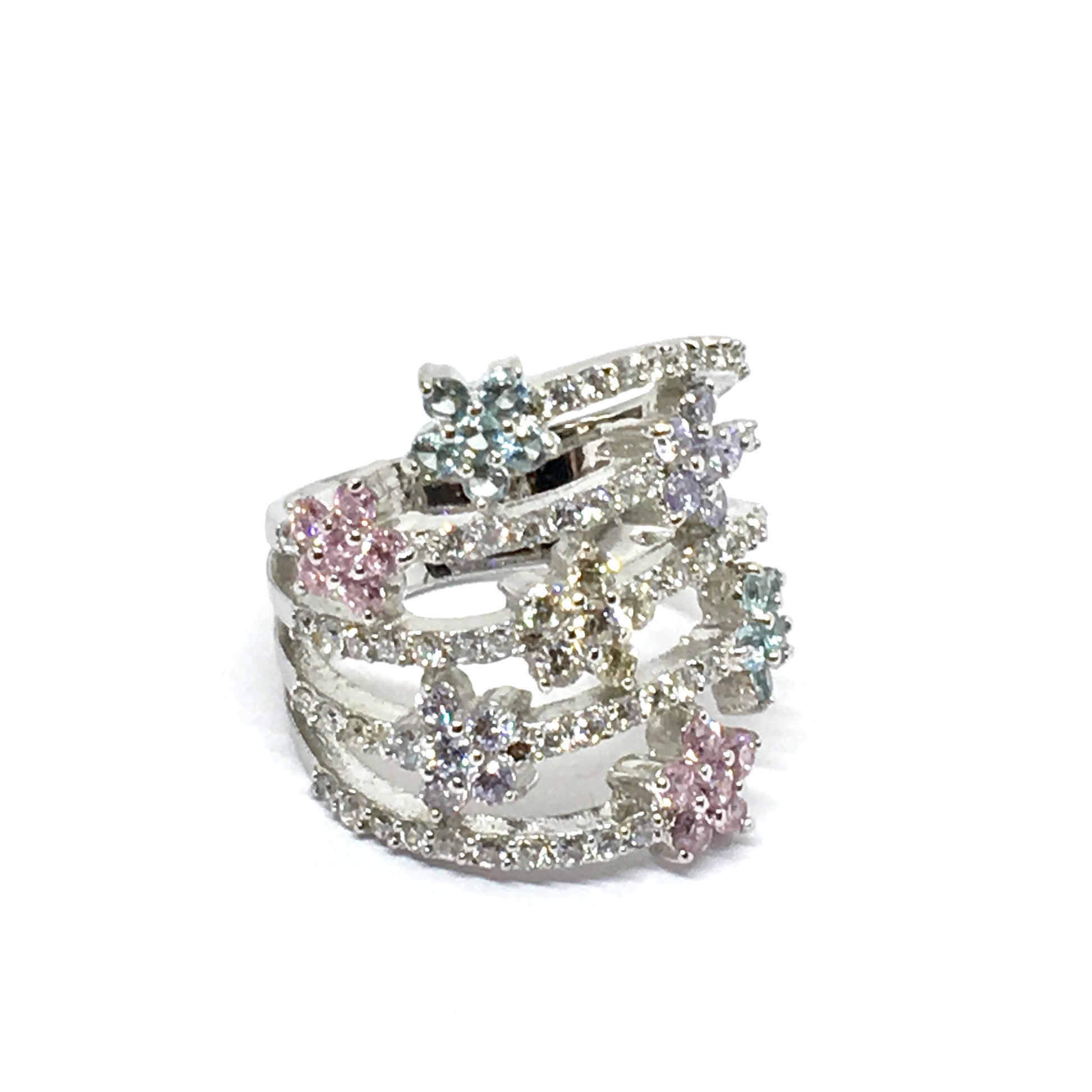 Used Jewelry > Ring - Womens Sterling Silver Stunning Blue Pink Cz Flower Cluster Stacked Style Ring