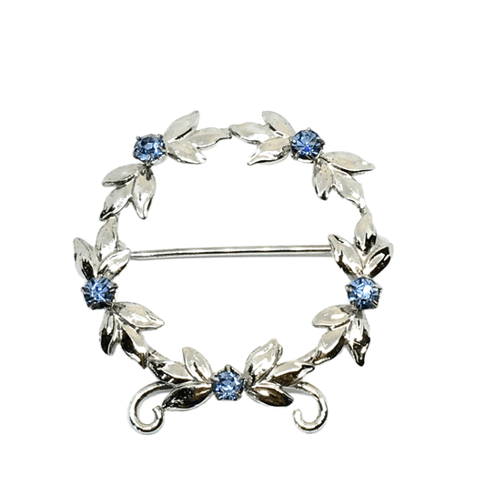 Brooches & Lapel Pins - Mens Womens Wreath Halo Sapphire Blue Stone Brooch - Vintage 1950s Circle Style Sterling Silver Jacket Pin