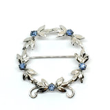 Brooch & Lapel Pin - Vintage 1950s Sterling Silver Radiant Sapphire Blue Wreath Halo Brooch Lapel Pin