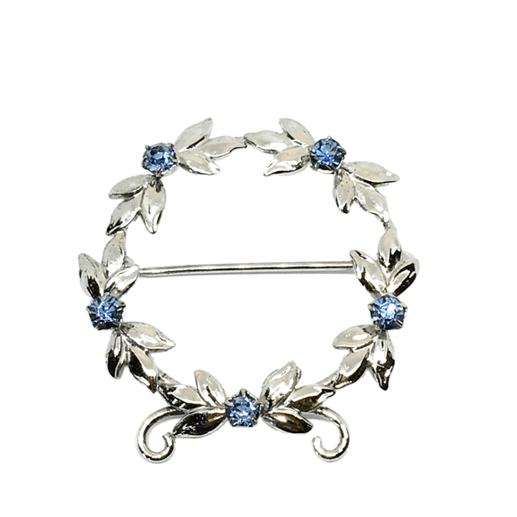 Brooch & Lapel Pin - Vintage 1950s Sterling Silver Radiant Sapphire Blue Wreath Halo Brooch Lapel Pin - Blingschlingers Jewelry