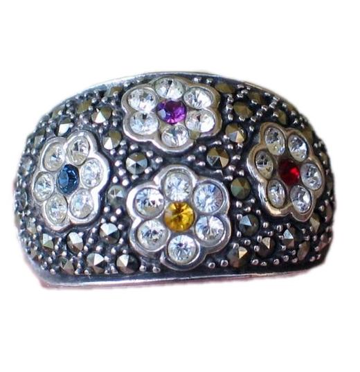 Sterling Silver Ring, Womens Pre-owned Crystal, Metallic Marcasite Flower Design Wide Band Ring - Statement Ring