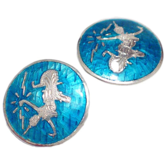 Clip on Earrings, Large Blue Guilloche Siam Goddess Circle Design Sterling Silver Earrings, Vintage Jewelry