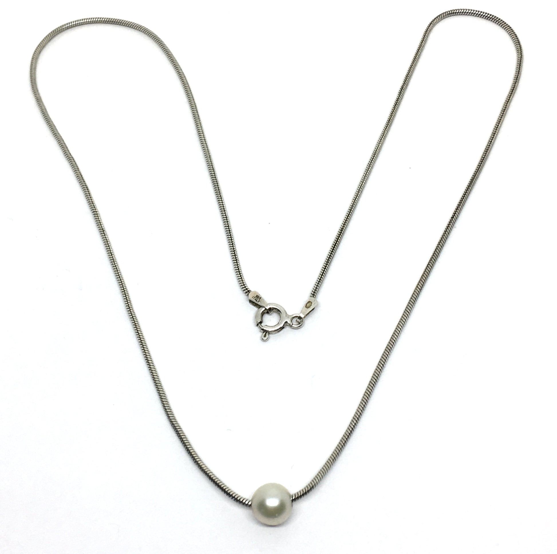 Used Jewelry - Womens 18" Sterling Silver Elegant White Pearl Sleek Snake Chain Necklace 