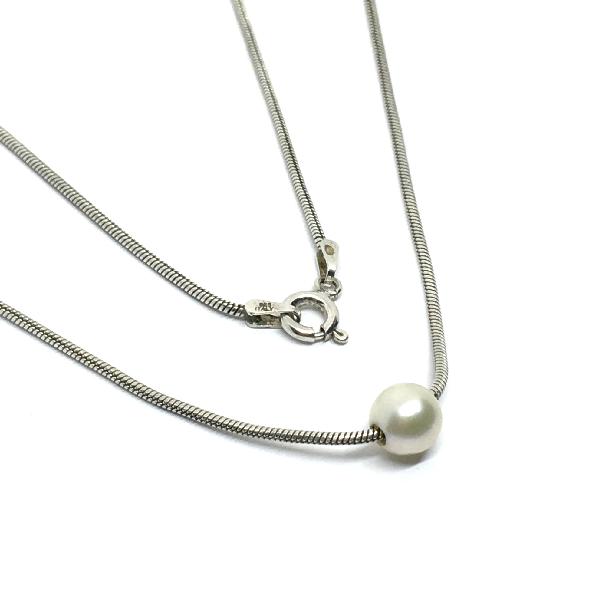 Used Jewelry - Womens 18" Sterling Silver Elegant White Pearl Sleek Snake Chain Necklace 