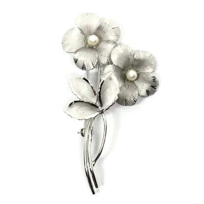 Brooch / Lapel Pin - Vintage 60s Sterling Silver Sculpted 3-D Flower Pearl Brooch Lapel Pin