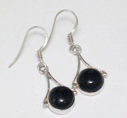 Sterling Silver Earrings, Womens Black Onyx Stone Round Drop Earrings