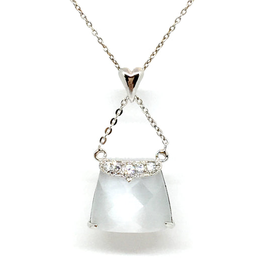 Necklace - Sterling Silver Glowing Handbag Necklace - Womens 16 inch Thin Chain Necklace - Checkerboard Catseye Stone Pendant