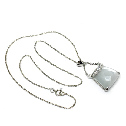 Sterling Silver Handbag Necklace - Womens 16 inch Thin Chain Necklace - Checkerboard Catseye Stone Pendant - Blingschlingers Jewelry