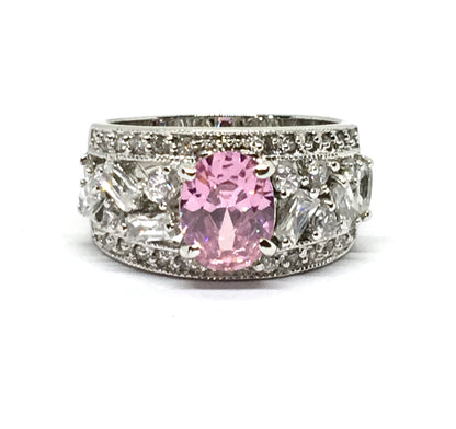 Gemstone Ring - Womens Pre-owned Exquisite Sterling Silver Fancy Pink Oval Wide Band Ring