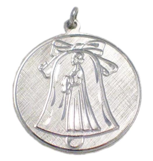 Wedding Jewelry, Women's Vintage Wedding Bell & Bride Sterling Silver Medallion Charm Pendant - Engraveable