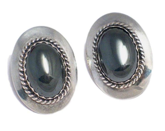 Sterling Silver Earrings, Womens Large Vintage Metallic Style Black Hematite Stone Designer Earrings