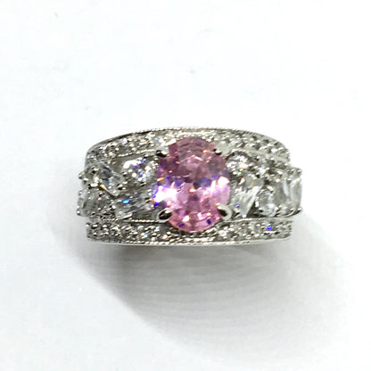 Gemstone Ring - Womens Pre-owned Exquisite Sterling Silver Fancy Pink Oval Wide Band Ring