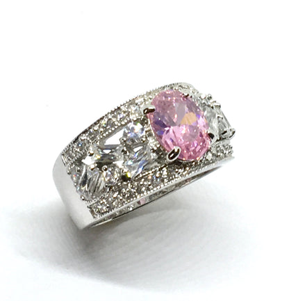 Gemstone Ring - Womens Pre-owned Exquisite Sterling Silver Fancy Pink Oval Wide Band Ring