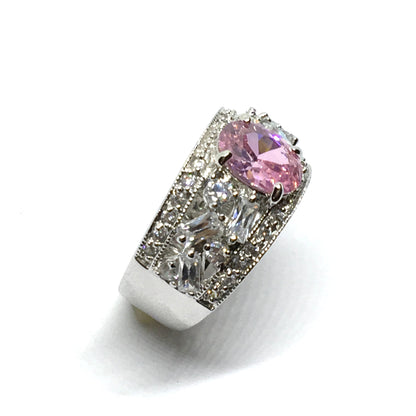 Gemstone Ring - Womens Pre-owned Exquisite Sterling Silver Fancy Pink Oval Wide Band Ring