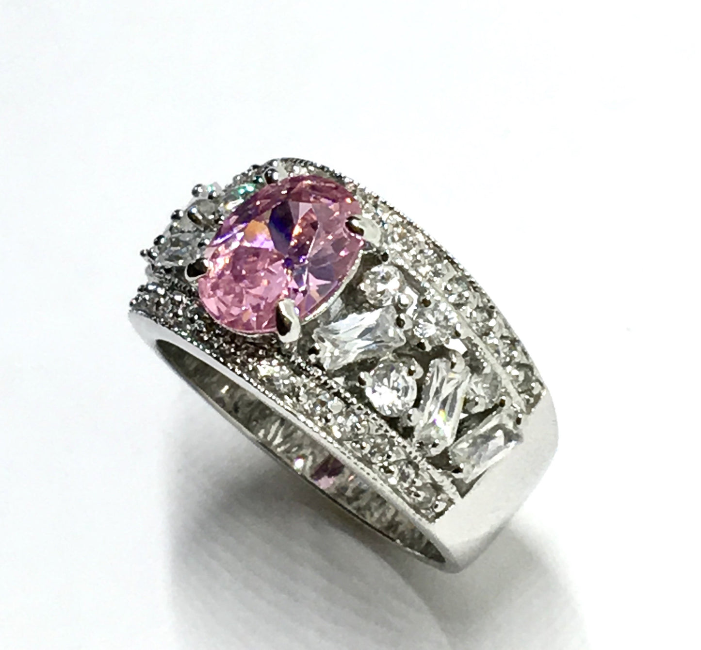 Gemstone Ring - Womens Pre-owned Exquisite Sterling Silver Fancy Pink Oval Wide Band Ring