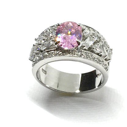 Gemstone Ring - Womens Pre-owned Exquisite Sterling Silver Fancy Pink Oval Wide Band Ring