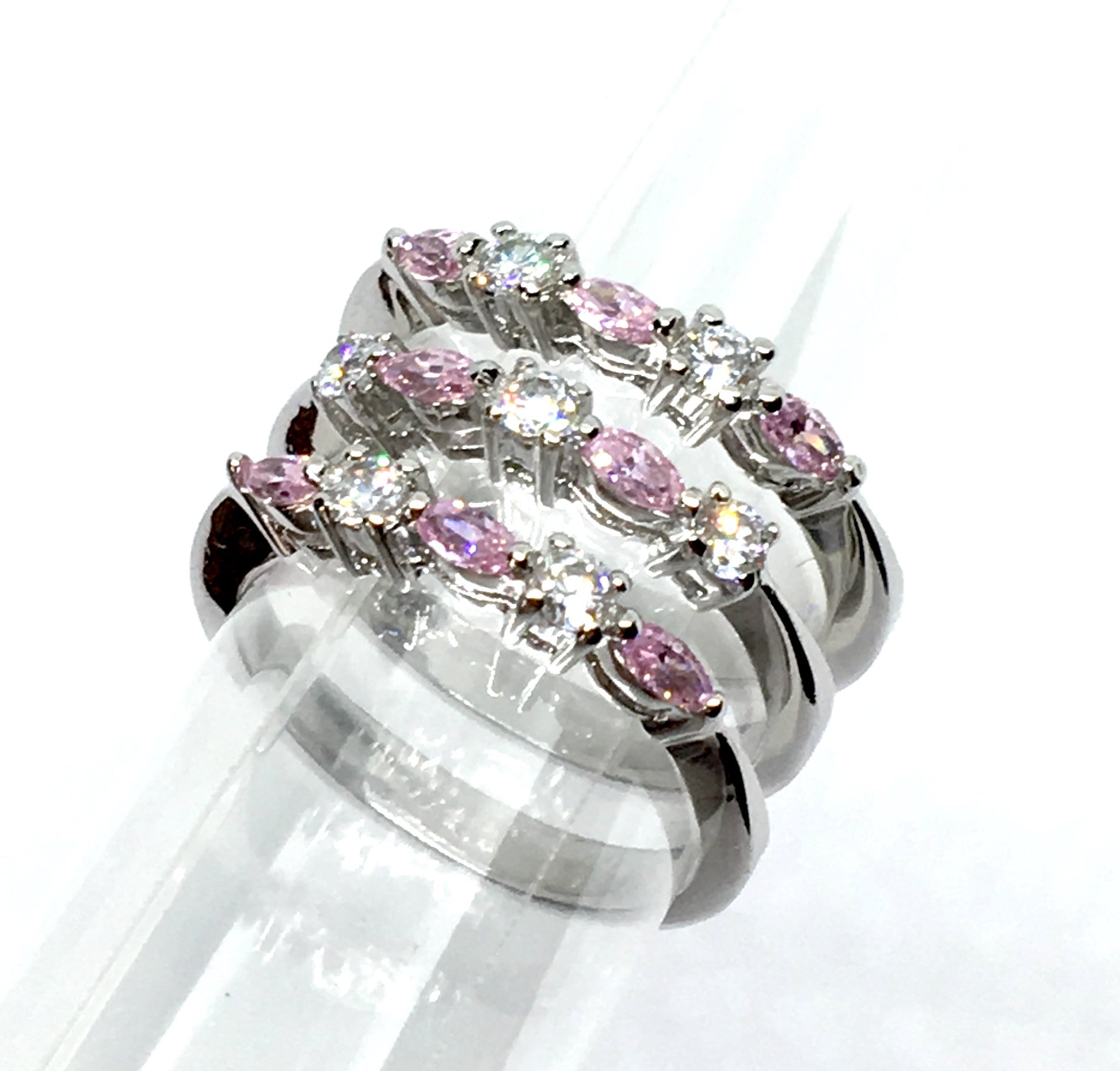 Jewelry > Ring | Sterling Silver Shimmery Pink White Cz Sleek & Slim Band Stacking Ring set of 3